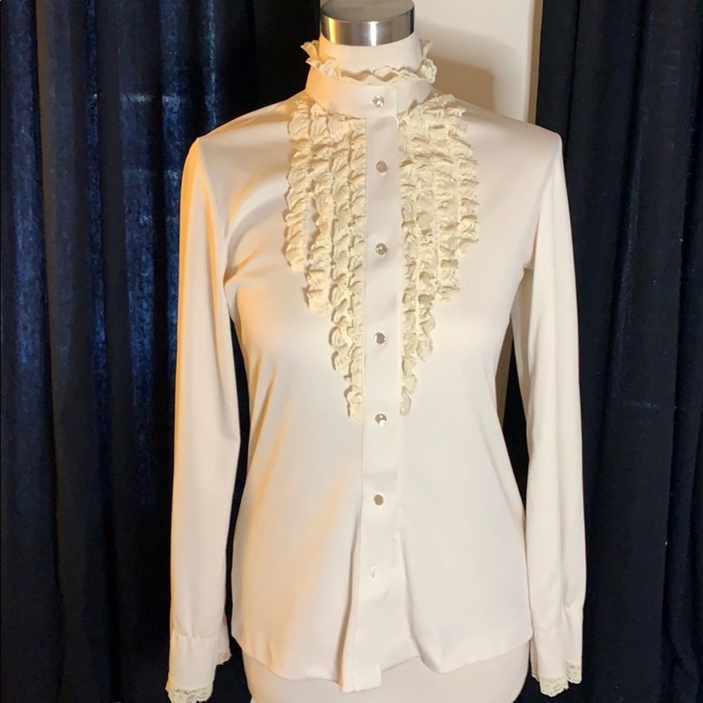 VINTAGE 70s Cream Lace Ruffle Front Poet Sleeve Blouse